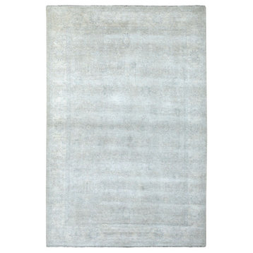 Hand Knotted With Faded Colors White Wash Peshawar Shiny Wool Rug, 6'1" x 9'0"