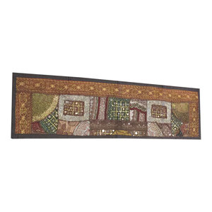 Mogul Interior - Consigned Antique Fabric, Brown Sari Patchwork Sequin Embroidered Tapestry - Table Runners