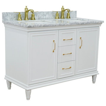 49" Double Vanity, White Finish With White Carrara And Rectangle Sink