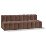 Meridian Furniture - Arc Vegan Leather Upholstered 3-Pc. Modular Sofa, Brown - Unleash modern opulence with the Arc Vegan Leather 3pc. Sectional. Crafted for the modern connoisseur, this Sectional injects an air of refined luxury into any space. Its sleek silhouette, upholstered in supple brown vegan leather, exudes timeless sophistication while the deep channel tufting adds textural intrigue, further elevating the chair's visual appeal. The modular design makes it a versatile chameleon, effortlessly adapting to your evolving needs and preferences. Whether you envision it gracing a chic living room corner, basking in the glow of a bedroom window, or adding a touch of drama to a home office, the Arc seamlessly complements your unique interior aesthetic.