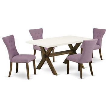 East West Furniture X-Style 5-piece Wood Dining Set in Jacobean Brown/Dahlia