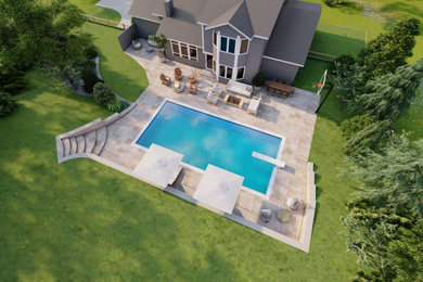 Diseño de piscina moderna de tamaño medio rectangular en patio trasero con paisajismo de piscina y adoquines de ladrillo