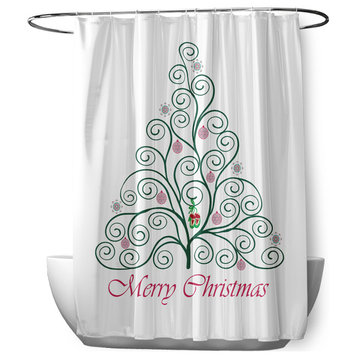 70"Wx73"L Decorated Filigree Tree Shower Curtain, Forest Green