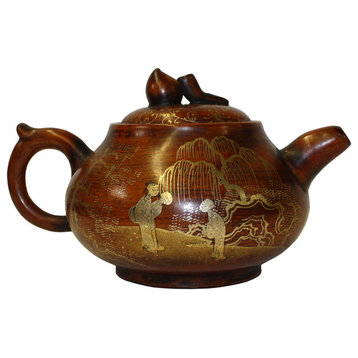 Chinese Zisha Clay Brown Golden Scenery Teapot Display