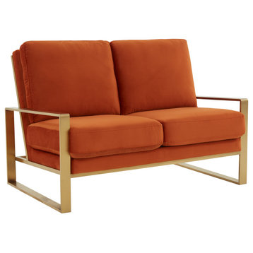 LeisureMod Jefferson Modern Design Velvet Loveseat With Gold Frame, Orange