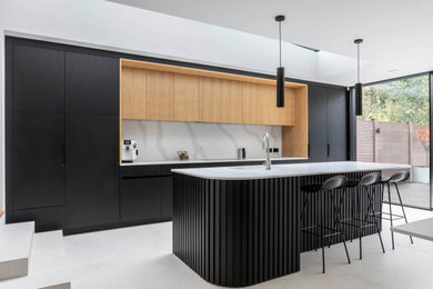Photo of a large contemporary single-wall kitchen in London with black cabinets and an island.