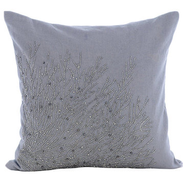 Beaded Garden Shrub Gray Shams, Cotton Linen 24"x24" Pillow Shams, Silver Shrub