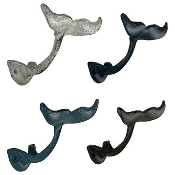 Zeckos Colorful Coastal Cast Iron Whale Tail Set of 4 Wall Hooks