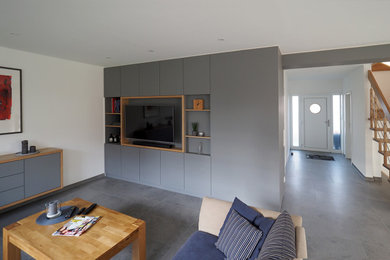 Foto de sala de estar contemporánea con paredes grises