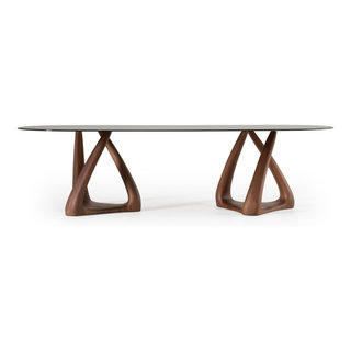 Modrest Christy Mid-Century Modern Grey Glass, Walnut Oval Dining Table ...