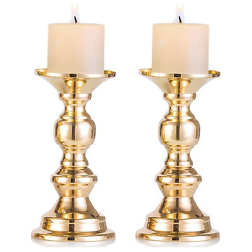Set of 2 Gold Candlestick Metal Pillar Candle Holders