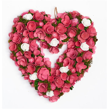 15" Valentines Wood Curl Heart Wreath With Dried Floral And Artificial Flowers