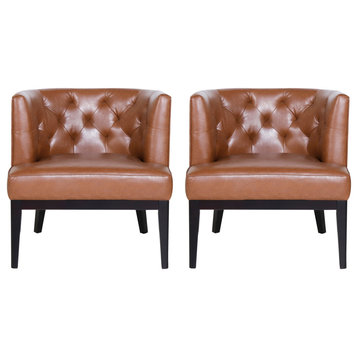 Evans Tufted Accent Chairs, Set of 2, Cognac and Espresso, Faux Leather