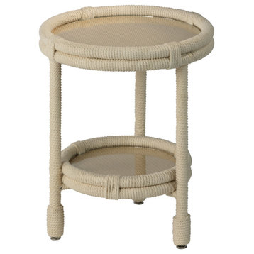Contemporary Coastal White Rope Knot Accent TableWith Shelf Rattan Round 18"