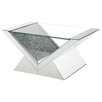 Elegant Coffee Table, V-Shaped Mirrored Design With Faux Diamond Inlay Accents