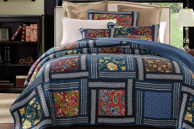 DaDa Bedding Bohemian Midnight Ocean Blue Sea Reversible Real Patchwork Quilted