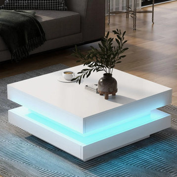 Elegant Coffee Table, Square Design With Multicolor LED Lights, High Gloss White