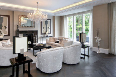 This is an example of a medium sized living room in Other with dark hardwood flooring, a standard fireplace, a stone fireplace surround and brown floors.