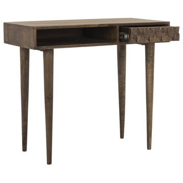 Transitional Desk, Tapered Legs & Unique Geometric Accented Drawer Front, Walnut