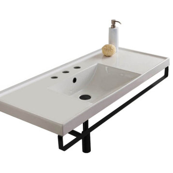 Rectangular Wall Mounted Ceramic Sink With Matte Black Towel Bar, Three Hole