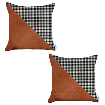 Set of 2 Houndstooth Brown Faux Leather Pillow Covers
