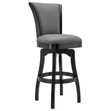 Raleigh 30" Bar Height Swivel Barstool, Black Finish and Gray Faux Leather