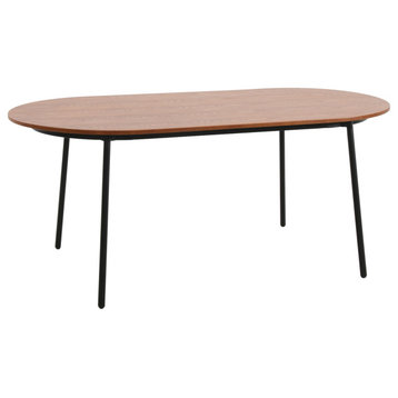 LeisureMod Tule 71" Oval Dining Table With MDF Top and Steel Legs, Walnut