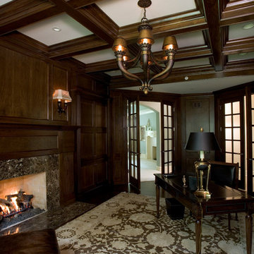 Cherry Paneled Library with Coffered Ceiling