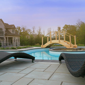 Pool with a firepit by Exact Landscapes