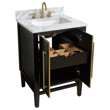 Avanity Mason 24 in. Vanity in Black with Gold Trim and Carrara White Marble Top
