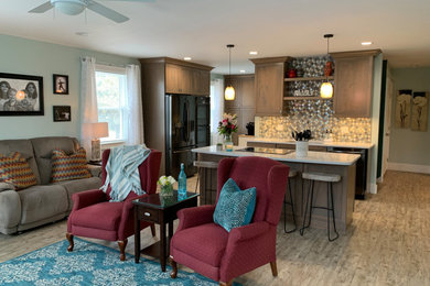 Example of a transitional family room design in Boston