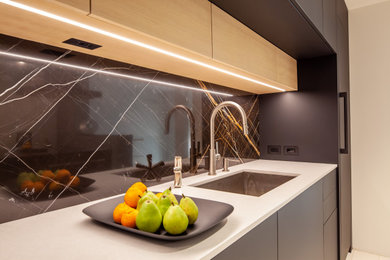Design ideas for a modern kitchen in San Francisco with flat-panel cabinets and black cabinets.