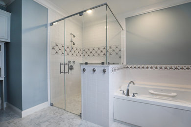 Bathroom - large shabby-chic style master white tile and porcelain tile mosaic tile floor and multicolored floor bathroom idea in Houston with dark wood cabinets and gray walls