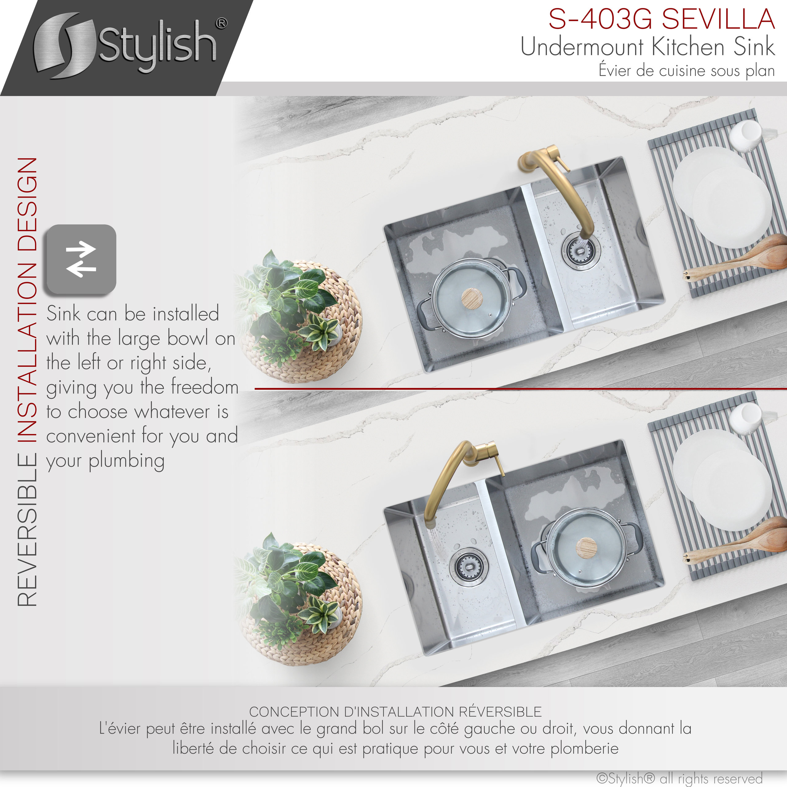 STYLISH 28" Double Bowl 60/40 Reversible Undermount Stainless Steel Kitchen SInk
