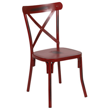 Cross Back Metal Dining Chair, Set of 2, Distressed Red