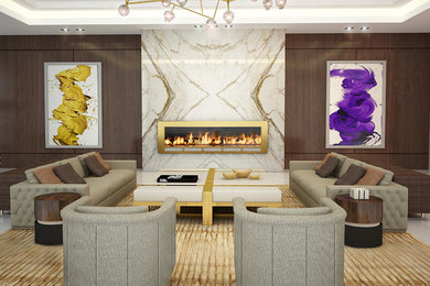 Large trendy formal and open concept marble floor living room photo in Miami with brown walls, a ribbon fireplace, a metal fireplace and no tv