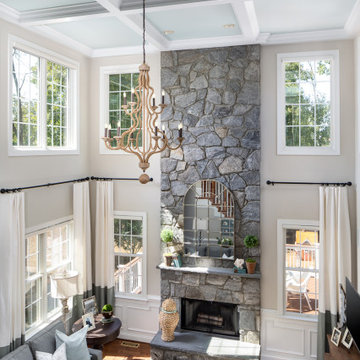 Two Story Family Room with Jute Rope Chandelier