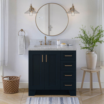 Ariel Taylor 37" Left Rectangle Sink Bath Vanity, Midnight Blue, 1.5" Carrara Marble