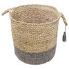 Two-Tone Natural Jute Woven Decorative Basket with Handles, Frost Gray, 17"