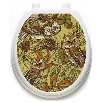 Owls in Pine Toilet Tattoos Seat Cover, Vinyl Lid Decal, Bathroom Accent, Round Standard