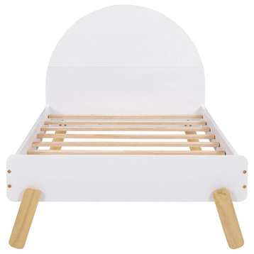 Gewnee Wood Twin Platform Bed With Curved Headboard for Kids  in White