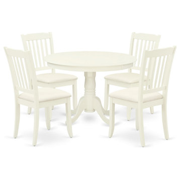 5Pc Dining Set, Round Table, Four Linen Seat Chairs, Linen White