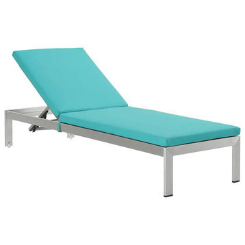 Modern Patio Chaise Lounge, Silver Frame & Adjustable Cushioned Seat, Turquoise