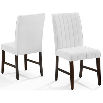 Tufted Side Dining Chair, Set of 2, Fabric, Wood, White, Cafe Bistro Restaurant
