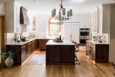 Light wood floor kitchen photo in Other with a double-bowl sink, shaker cabinets, white cabinets, quartz countertops, quartz backsplash, paneled appliances and an island