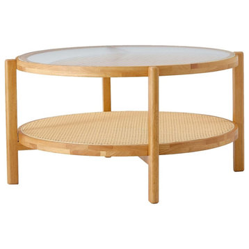 Round Coffee Table, Wooden Frame With Rattan Shelf & Fluted Glass Top, Natural