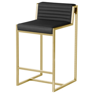 Giza Counter Stool, Brushed Gold Counter Stool, Faux Leather Ribbed Seat, Black