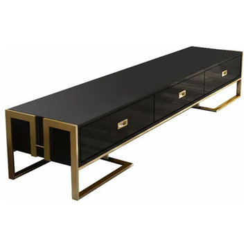 Black 71" TV Stand 3-Drawer Media Stand with Gold Frame and Tempered Glass Top