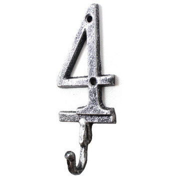 Rustic Silver Cast Iron Number 4 Wall Hook 6''