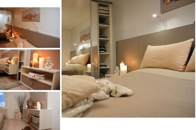 他の地域にある小さなトラディショナルスタイルのおしゃれな客用寝室 (ベージュの壁、淡色無垢フローリング、暖炉なし)